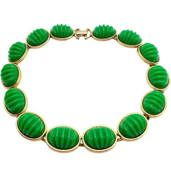Monet Green Lucite Choker Vintage Oval Domed Acrylic Necklace Ribbed Melon - Picture 2 of 11
